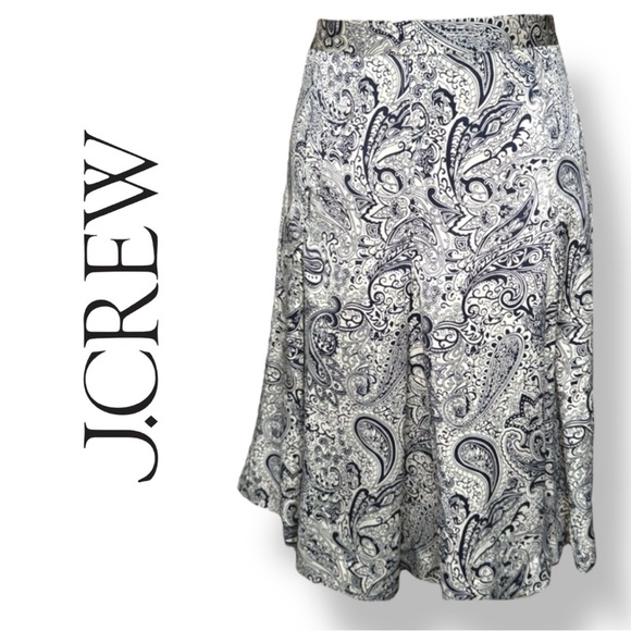J Crew 100% Silk Navy & Ivory Paisley Pleated A-Line Midi Skirt Fully Lined Sz 6 - Picture 1 of 12